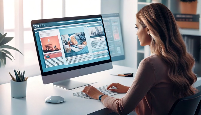Blonde computer user browsing a webwite